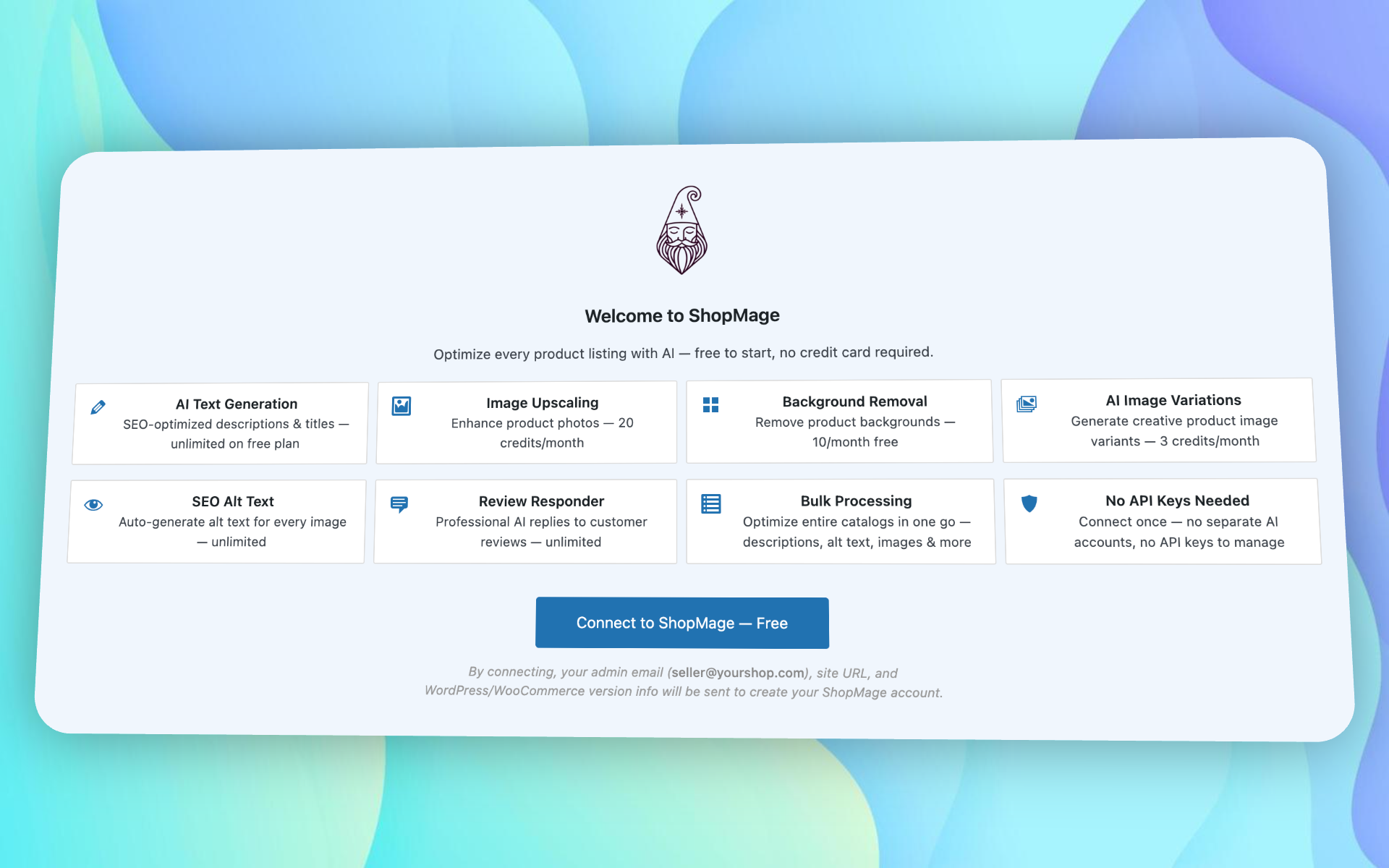 ShopMage AI welcome screen showing eight AI tools available inside WordPress
