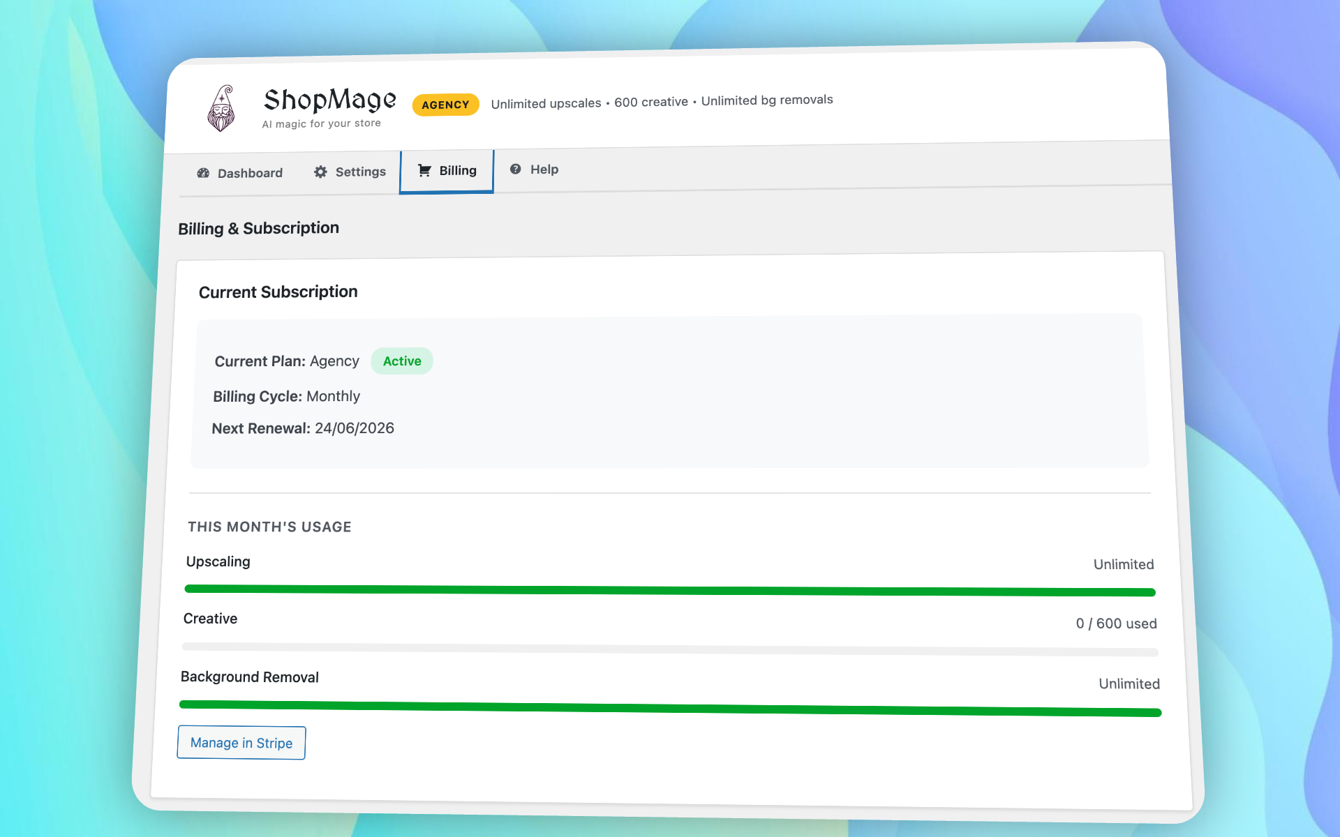 ShopMage AI billing dashboard showing subscription plan and monthly usage