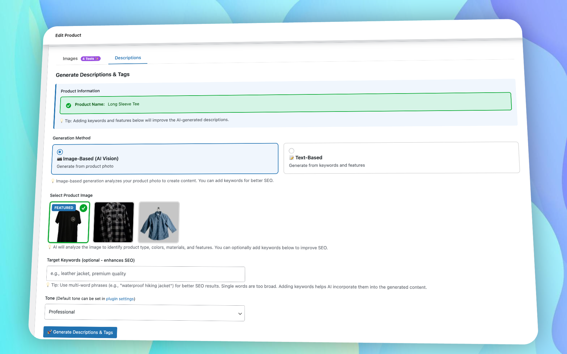 ShopMage AI generating SEO descriptions inside the WooCommerce product editor
